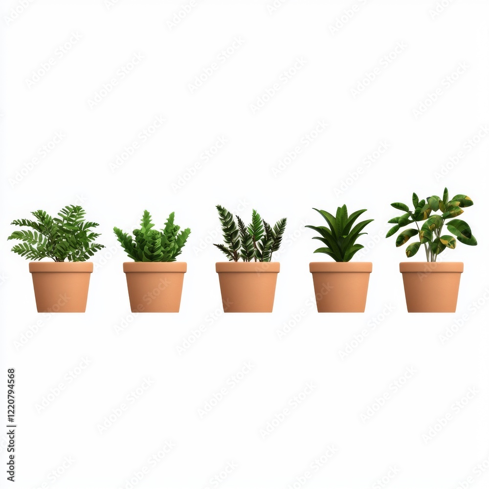 Fototapeta premium Five Varieties of Indoor Green Plants in Brown Terracotta Pots on a White Background