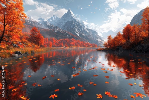 A reflective mountain lake surrounded by fiery autumn trees and scattered leaves floating on the water photo