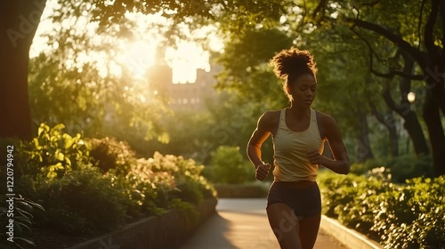 Fototapeta Naklejka Na Ścianę i Meble -  Young sporty woman running in a city park at sunset
