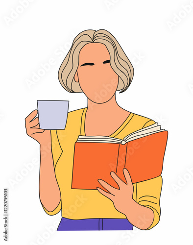 Woman reading book and drink coffee or tea from white cup. Pretty Lady in colorful casual clothes. Flat vector illustration isolated on white background.
