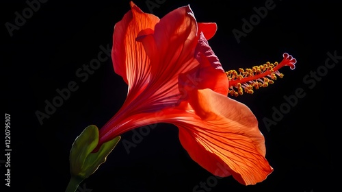 Vibrant Red Hibiscus Flower in Full Bloom on Black Background - Close-up of Stunning Petals and Stamen Highlighting Natural Beauty and Intricate Details photo