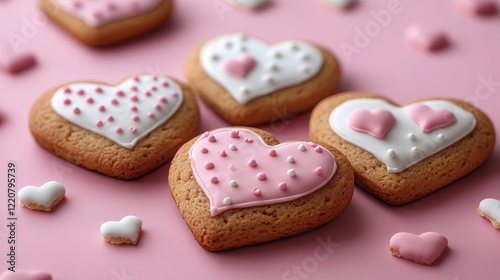Homemade valentine heart cookies on pink background for romantic holiday celebration