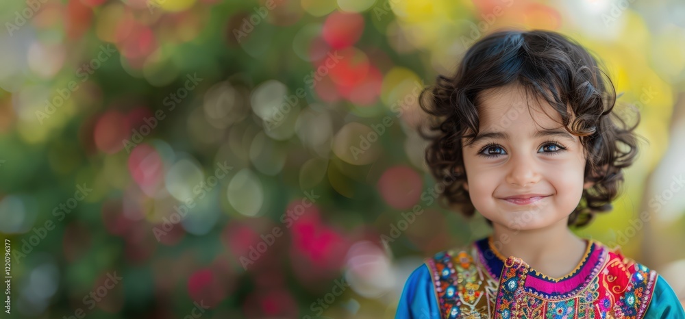 Cheerful young girl in ornate traditional dress, radiant smile highlighting cultural attire, soft green and pink bokeh background evoking festive ramadan atmosphere Cheerful young girl in ornate traditional dress, radiant smile highlighting cultural attire, soft green and pink bokeh background evoking festive ramadan atmosphere