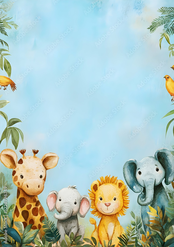 Obraz premium A cheerful illustration featuring a giraffe, elephant, lion, and another elephant amidst foliage.