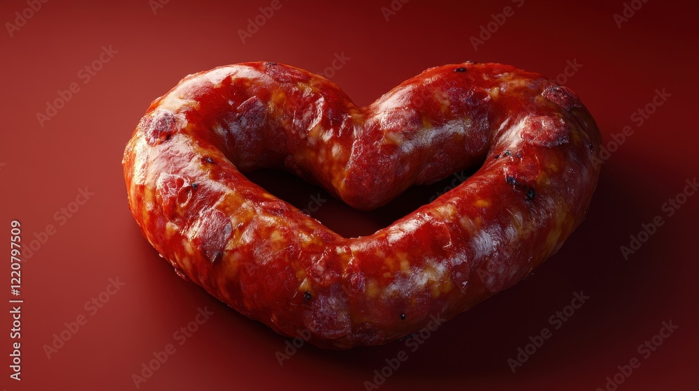 Heart-shaped sausage on red background for valentine's day celebration and food design Heart-shaped sausage on red background for valentine's day celebration and food design