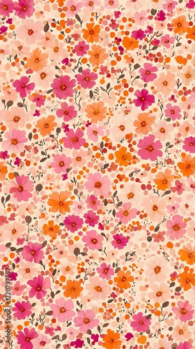 Pink and orange flowers and leaves pattern illustration poster background
