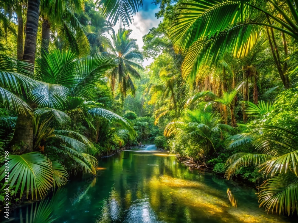 Lush Florida Subtropical Jungle: Palm Trees, River, and Wild Vegetation Lush Florida Subtropical Jungle: Palm Trees, River, and Wild Vegetation
