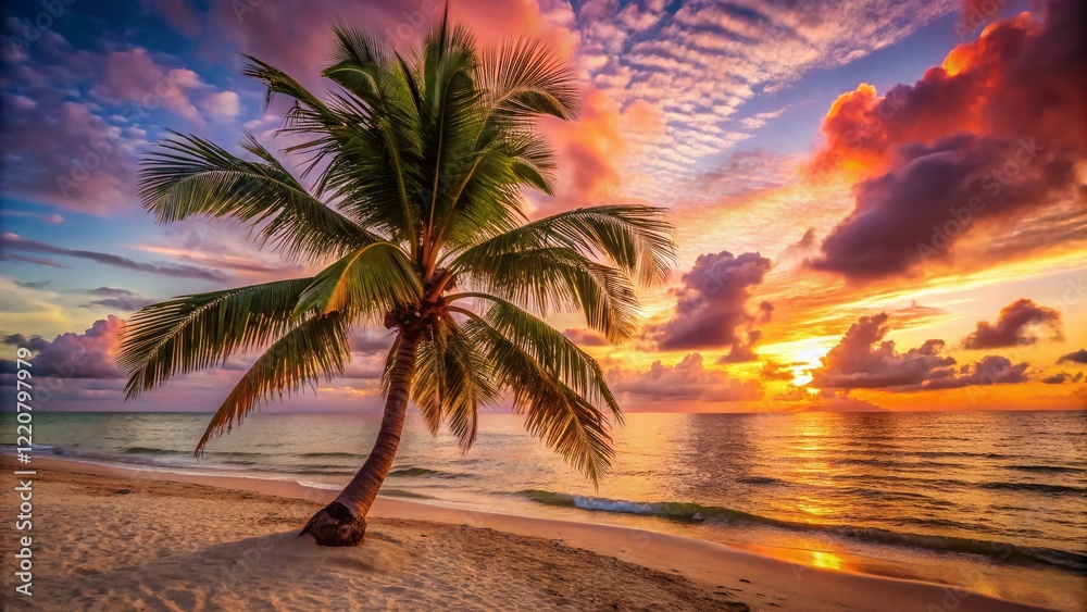 Fototapeta premium Lush Green Coconut Palm Tree on Tropical Beach at Sunset