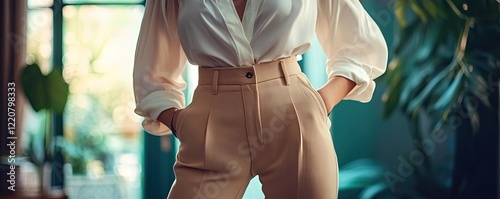 A person in high-waisted trousers and a tucked-in blouse, timeless chic photo