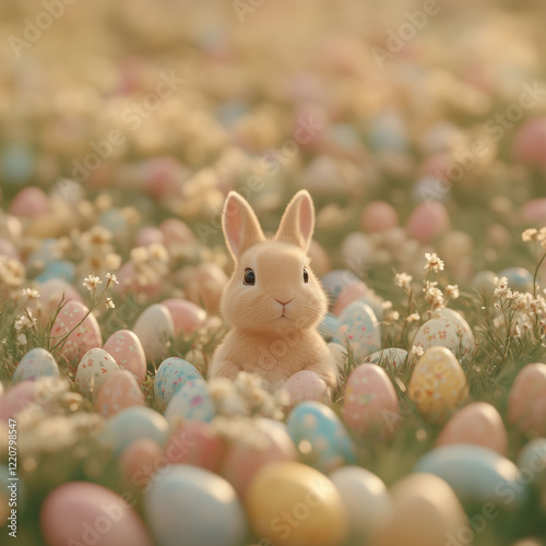 An Easter bunny and painted Easter eggs, sitting in a lush green field with flowers