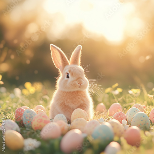 An Easter bunny and painted Easter eggs, sitting in a lush green field with flowers