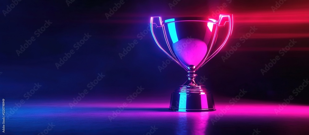 A shiny trophy with neon lights on it, illuminated by soft light and casting long shadows against an empty dark background. A shiny trophy with neon lights on it, illuminated by soft light and casting long shadows against an empty dark background.