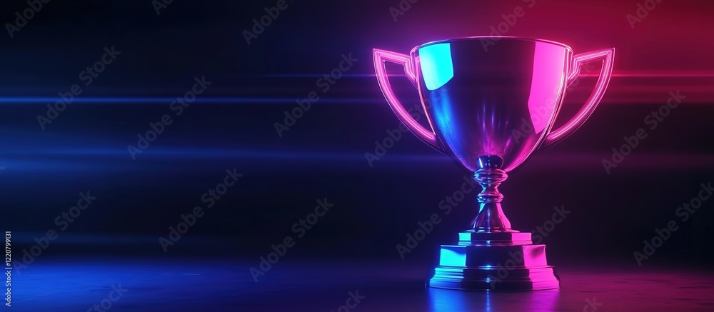A shiny trophy with neon lights on it, illuminated by soft light and casting long shadows against an empty dark background. A shiny trophy with neon lights on it, illuminated by soft light and casting long shadows against an empty dark background.