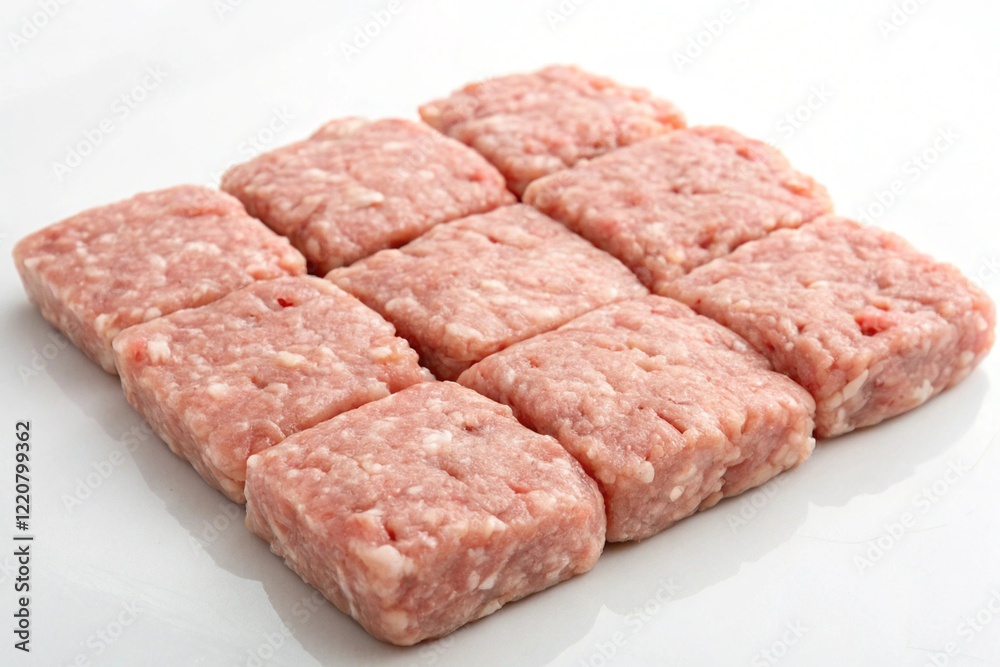 Minced pork, cut into squares, on a white screen Minced pork, cut into squares, on a white screen