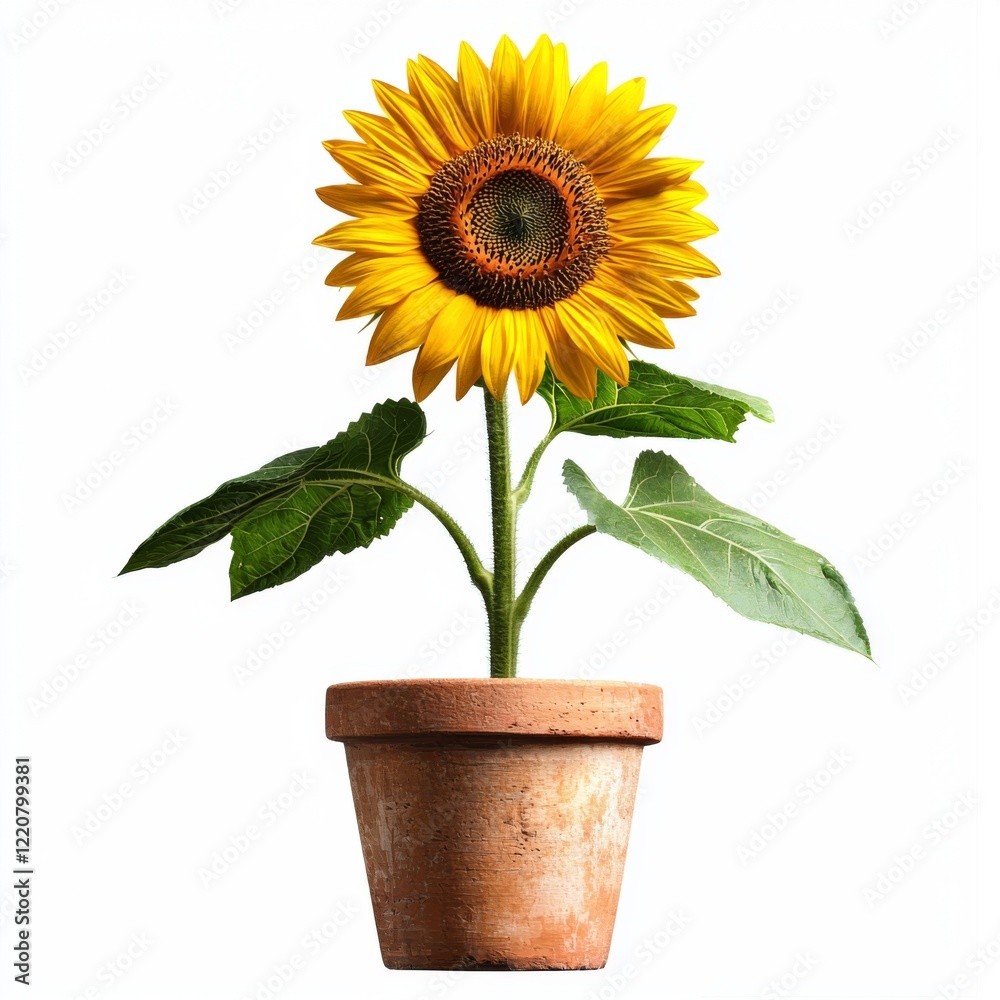 Obraz premium Bright Sunflower in Clay Pot with Green Leaves Showcasing Natural Beauty and Vibrant Colors for Decorative Purposes