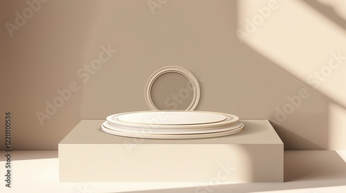 A luxurious modern 3d podium with cylindrical stages of varying sizes, metallic spheres, and glowing smoke effects.Perfect for product displays or premium presentations.
