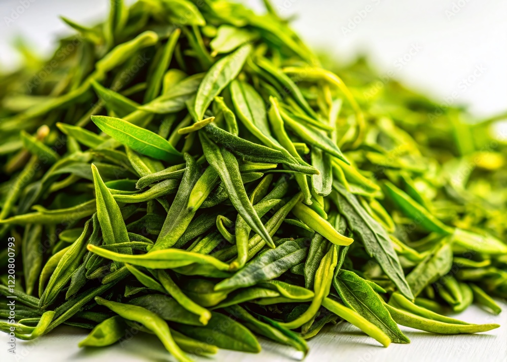 Lush Green Tea Leaves Pile on White Background - High-Resolution Stock Photo Lush Green Tea Leaves Pile on White Background - High-Resolution Stock Photo