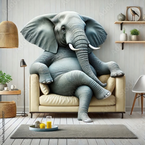 An elephant sits on a sofa in a cozy living room.