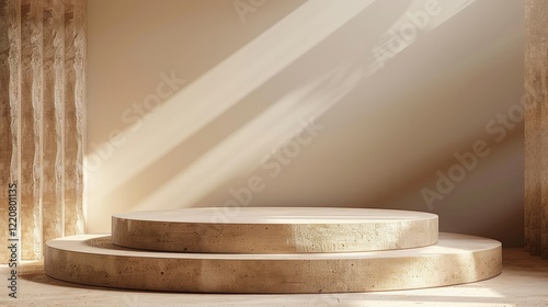 A luxurious modern 3d podium with cylindrical stages of varying sizes, metallic spheres, and glowing smoke effects.Perfect for product displays or premium presentations.
