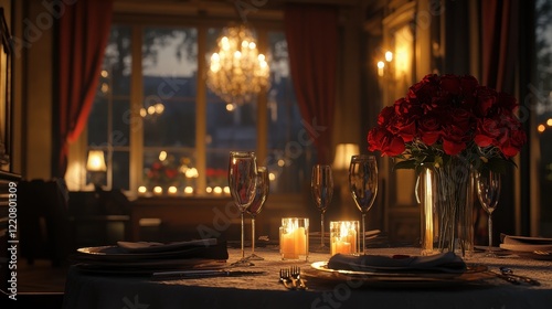 Romantic candlelit dinner setting with red roses for valentine's day celebration