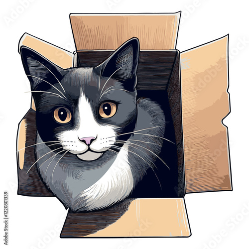 Tuxedo cat relaxing in a cardboard box, with a curious expression
