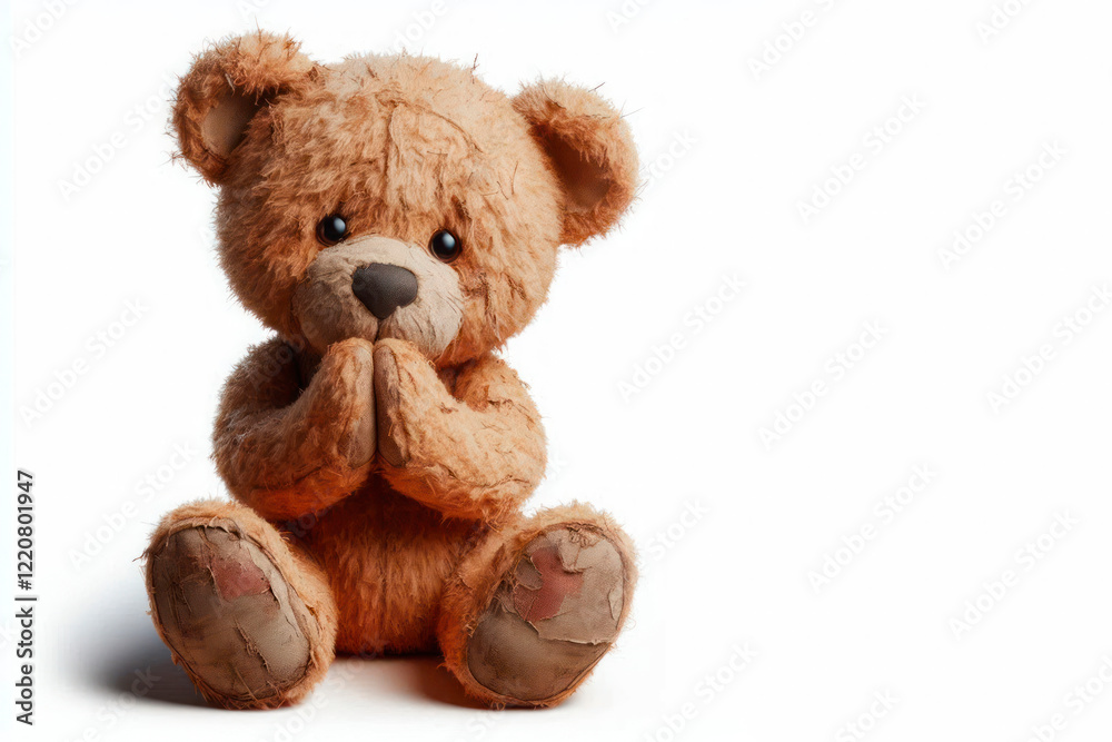 Fototapeta premium An old teddy bear in a sitting position. Space for text.
