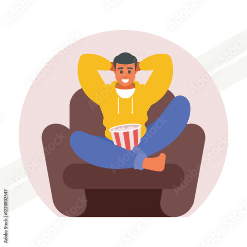 Man holding a container of popcorn