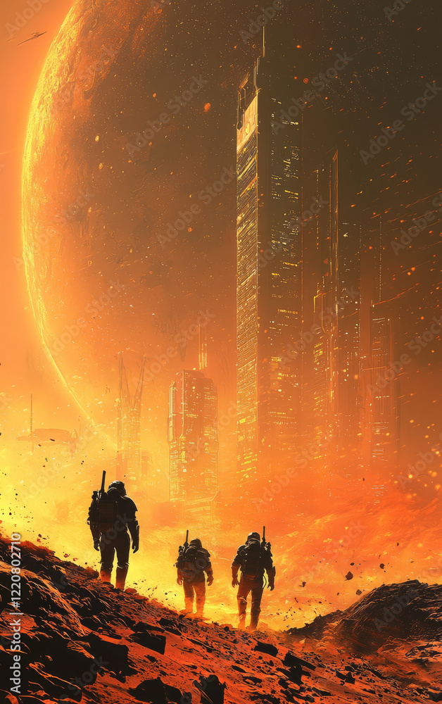 Fototapeta premium Mars Expedition: A daring trio of space explorers venture across the desolate terrain of Mars, their silhouettes stark against a towering city on the horizon.