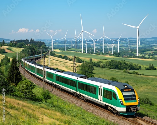 A green train travels through a scenic landscape featuring rolling hills and wind turbines under a clear blue sky.
