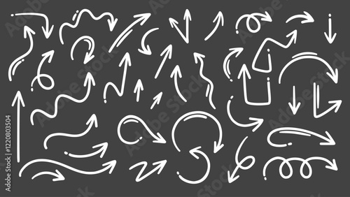 Chalk arrows line icons. Outline hand drawn pastel crayon pencil sketches, different shapes of pointers and cursors design elements on black board background, scratch arrows icons vector illustration