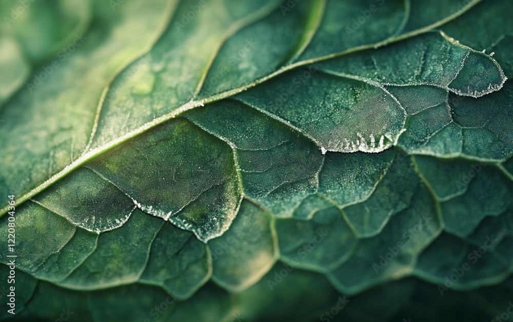 Close-up of a leaf with frost on the edges, macro photography, blurred background, nature concept. Green leaf close-up with a frozen surface on the edge. Stock photo, copy space, high resolution, high Close-up of a leaf with frost on the edges, macro photography, blurred background, nature concept. Green leaf close-up with a frozen surface on the edge. Stock photo, copy space, high resolution, high