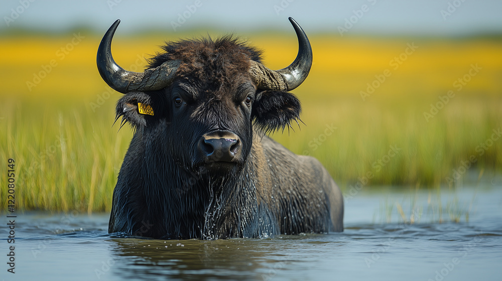 Naklejka premium A bison stands in a shallow body of water