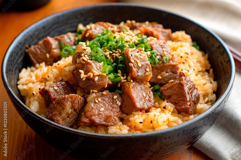 Savory beef and rice bowl garnished with sesame seeds and green onions in a cozy setting Savory beef and rice bowl garnished with sesame seeds and green onions in a cozy setting