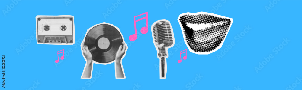 music collage set with audio cassette vintage microphone singing mouth vinyl record on dark checkered background halftone collage cut-out elements