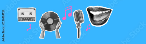 music collage set with audio cassette vintage microphone singing mouth vinyl record on dark checkered background halftone collage cut-out elements