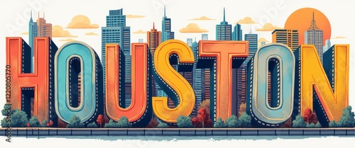 A striking retro-inspired sign spelling Houston stands boldly in the foreground, framed by a stunning city skyline at sunset. The warm hues of orange and yellow in the letters contrast beautifully