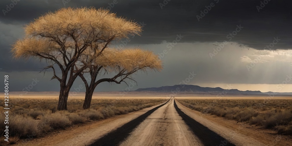 A road with a tree in the middle of it A road with a tree in the middle of it