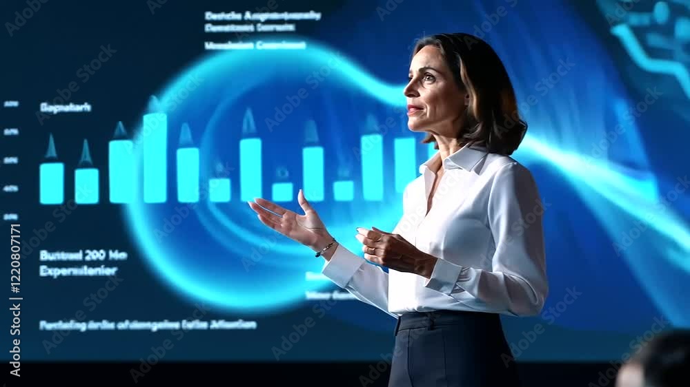 Female presenter delivering a speech with dynamic charts and graphics in the background. Female presenter delivering a speech with dynamic charts and graphics in the background.