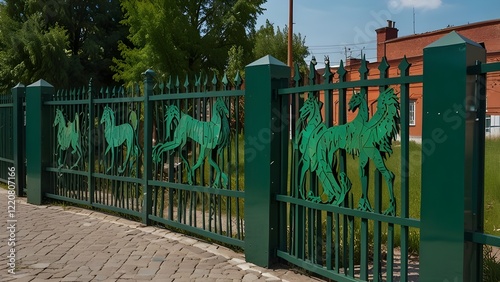 Green metal fence with image of mythical creatures, Nizhny Novgorod, Russia. Generative AI photo