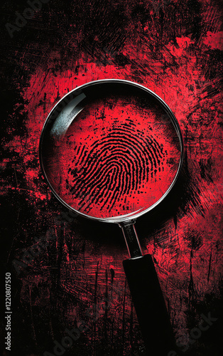 Unveiling the Truth: A compelling close-up of a fingerprint, magnified beneath a magnifying glass against a striking crimson backdrop, hints at intrigue and mystery.