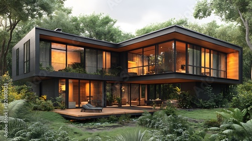 Contemporary countryside home with black steel frame, wood-accented exterior, elevated structure, metal roof, open lower space, warm tones, 8K high-resolution realistic images,