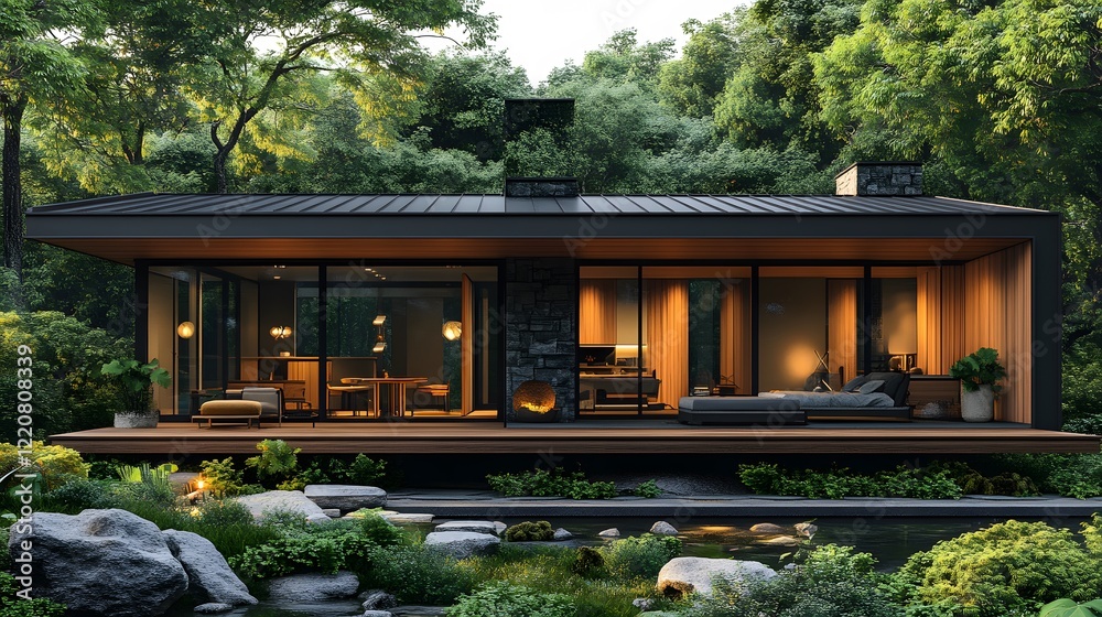 Obraz premium Black steel framed rural home with wooden panels, elevated base design, warm countryside tones, surrounded by greenery, metal roof, 8K high-resolution realistic images,