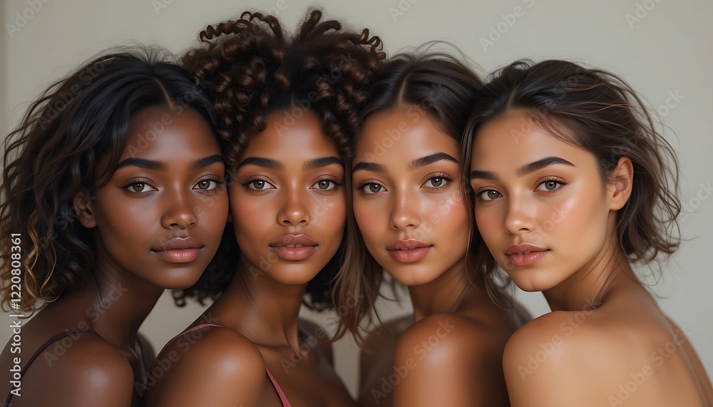 Obraz premium Four beautiful diverse women with flawless skin posing closely together, showcasing natural beauty and diverse ethnicities.