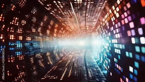 A vibrant animation of a futuristic tunnel made of glowing, colorful panels, creating an immersive sense of motion and depth.