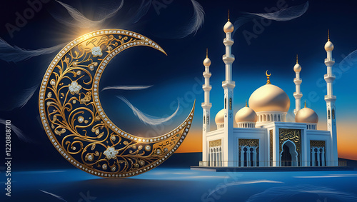 3D Islamic Crescent Moon and Grand Mosque – Elegant Ramadan and Eid Celebration Background