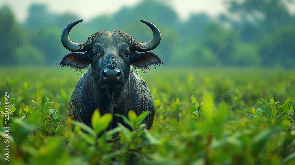 Naklejka premium A dark buffalo stands amidst lush greenery looking directly at the viewer