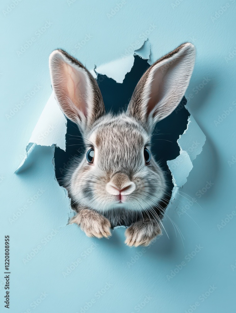 Obraz premium Bunny peeking out of a hole in blue wall, fluffy eared bunny easter bunny banner, rabbit jump out torn hole, Generative AI