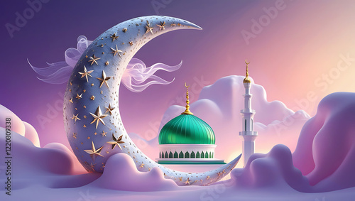 3D Islamic Crescent Moon and Grand Mosque – Elegant Ramadan and Eid Celebration Background