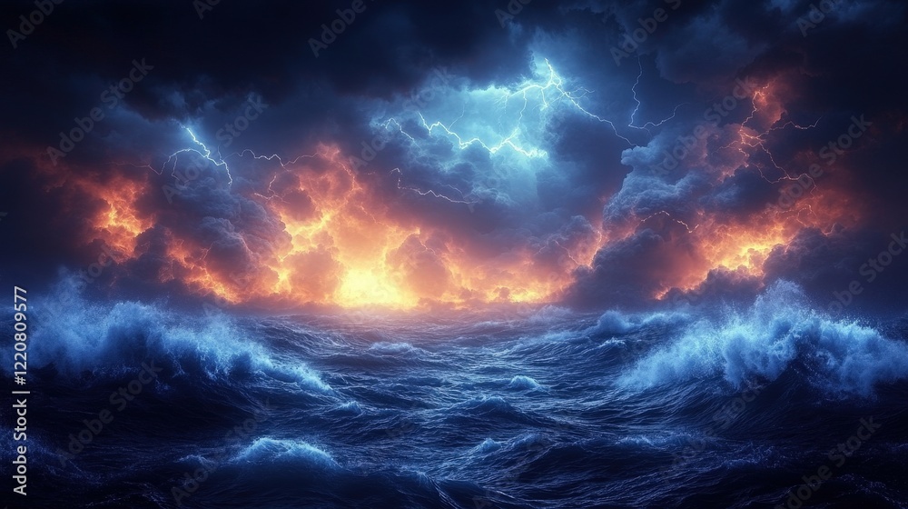 Fototapeta premium Dramatic Lightning Storm Over Rough Sea with Fiery Colors in the Background and Dark Clouds Creating a Powerful Natural Scene