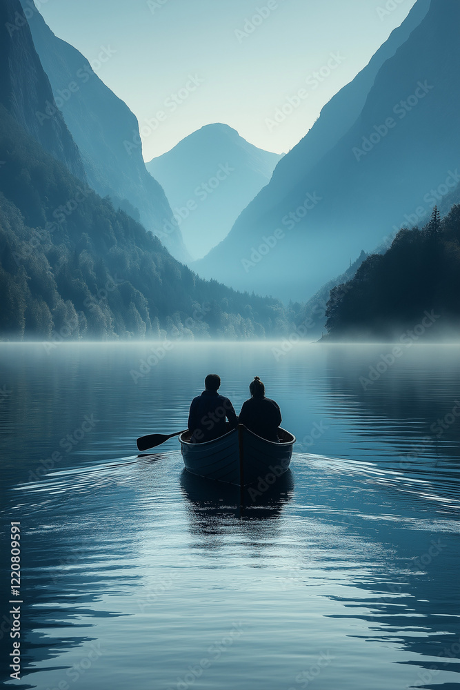 Photo d’un couple de personnes dans une barque sur un lac paisible entouré de montagnes embrumées Photo d’un couple de personnes dans une barque sur un lac paisible entouré de montagnes embrumées